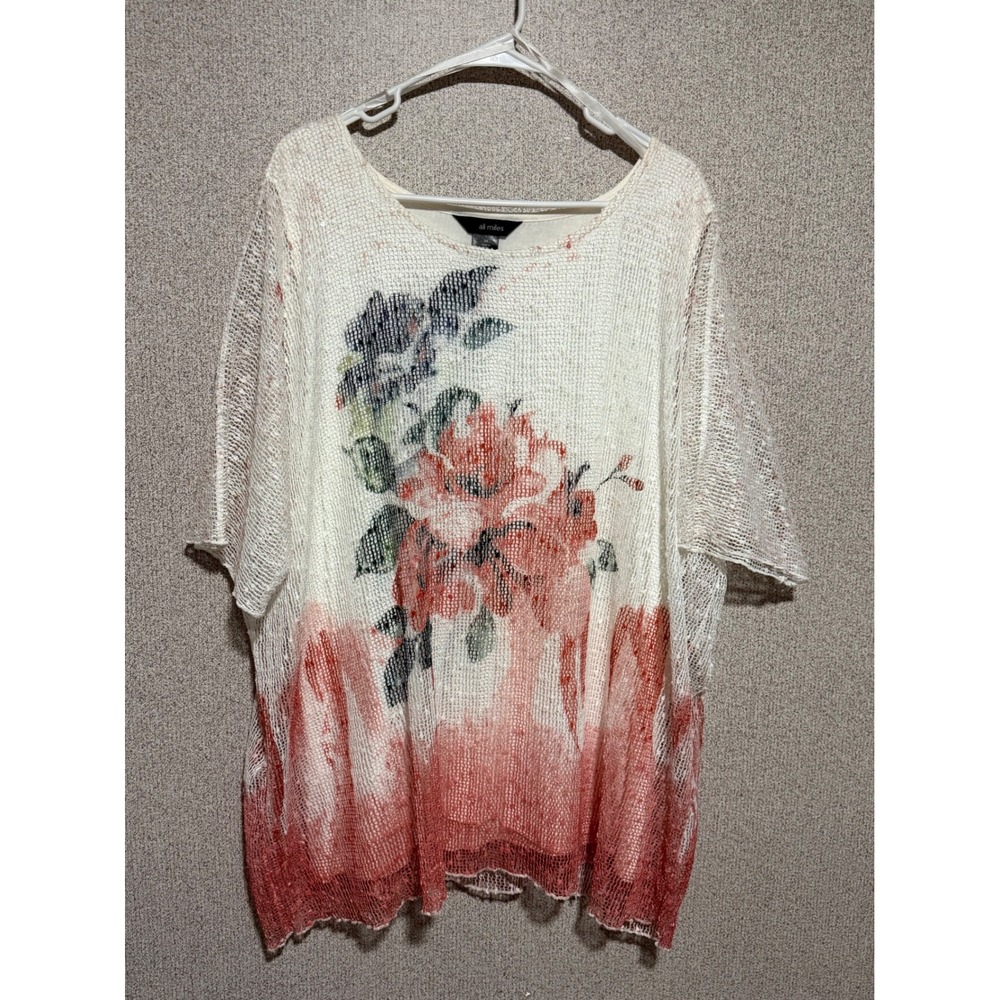 Ali Miles Womens 3X Floral Ombre Knit Tunic Top Short Sleeve Red White Shell